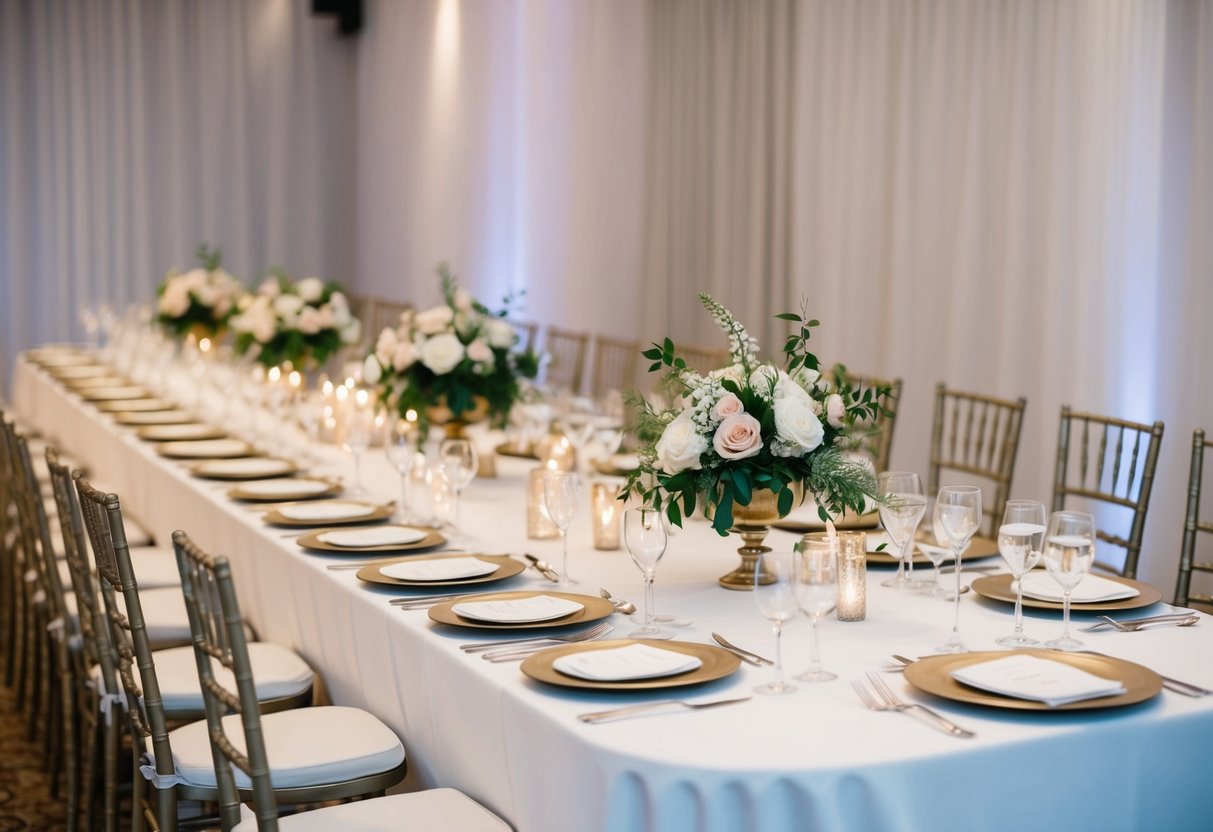 A long, elegantly decorated table with a white tablecloth and floral centerpieces. Place settings for the bride, groom, and their closest family and friends