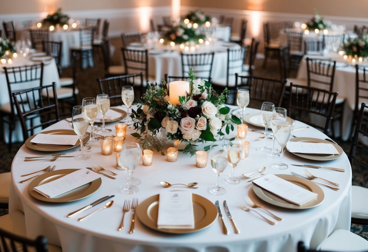 A circular table with elegant place settings, surrounded by floral centerpieces and soft candlelight