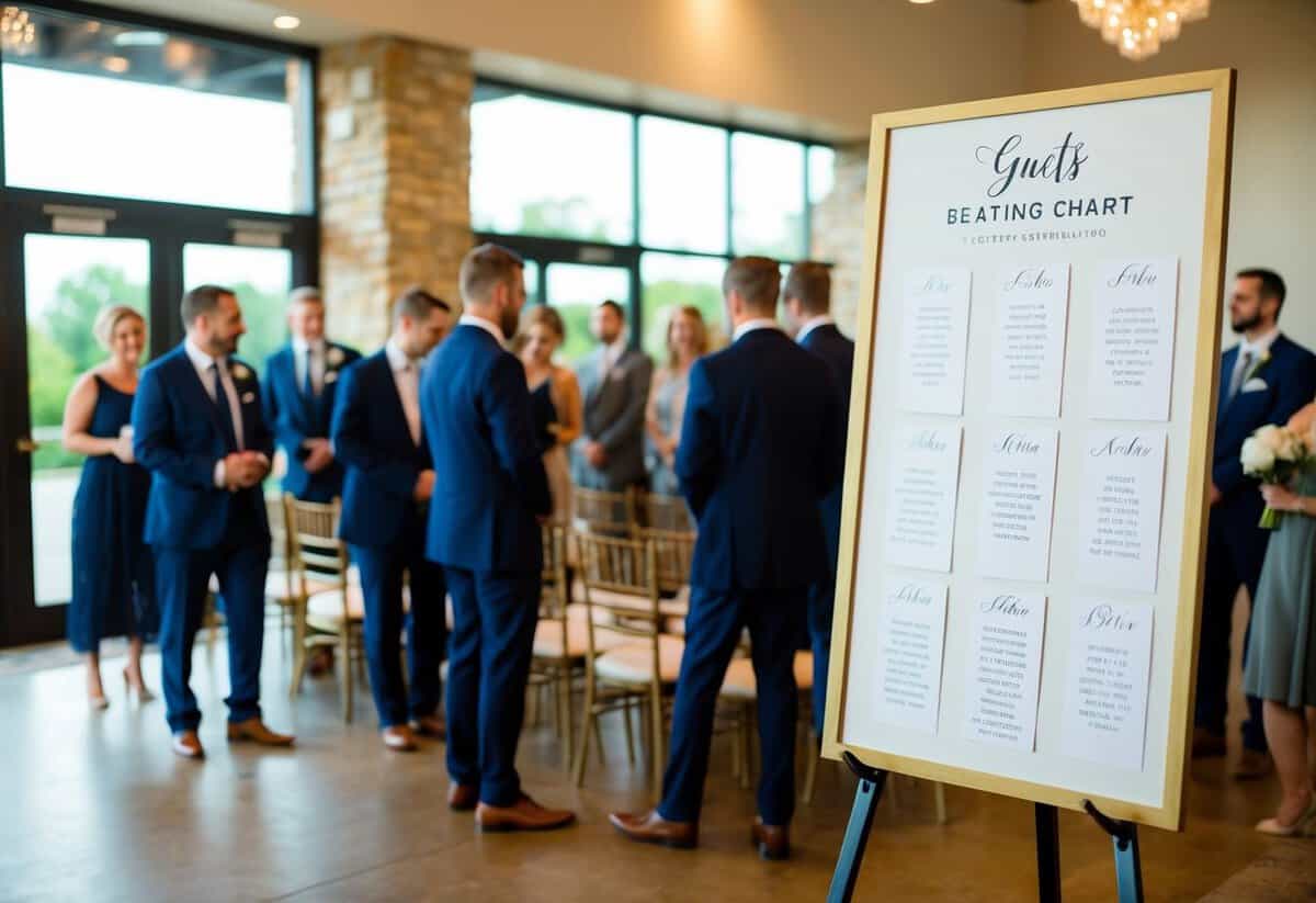 Guests find their seats with the help of a seating chart or escort cards displayed at the entrance of the wedding venue