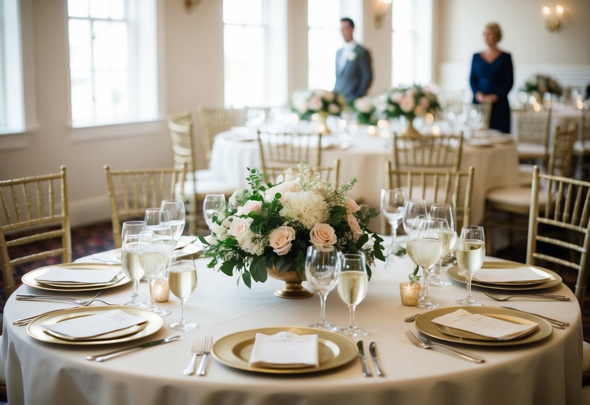 A decorated table with elegant place settings and floral centerpieces, indicating the seating for the mother of the bride and her guests