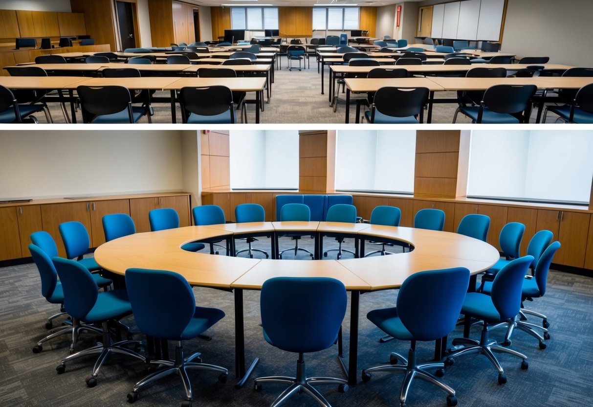 One seating arrangement: rows of desks facing forward. Another: small groups of desks. Third: a large circle of chairs for discussion