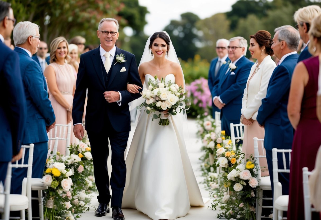 A figure in formal attire guides the bride down the aisle, surrounded by flowers and guests