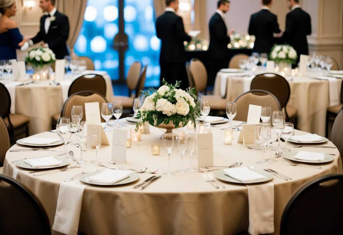 Round tables with elegant tablecloths and centerpieces. Place cards indicate guests' assigned seats. Servers attend to each table