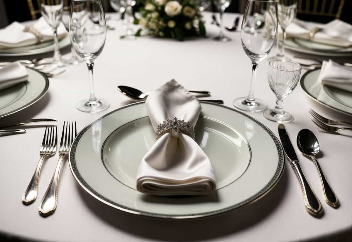 A formal wedding table setting with elegant silverware, glassware, and napkins arranged in accordance with proper etiquette