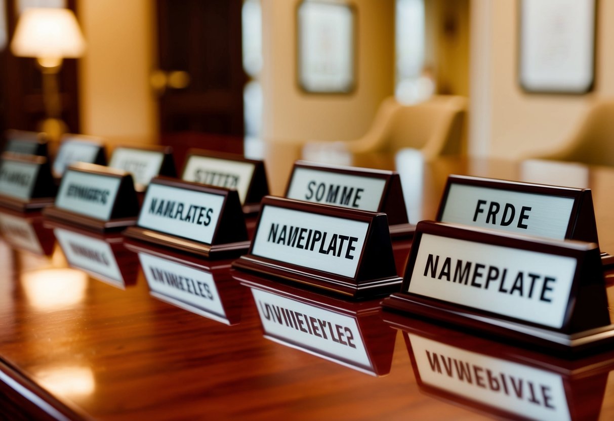 A row of neatly arranged nameplates on a polished wooden desk