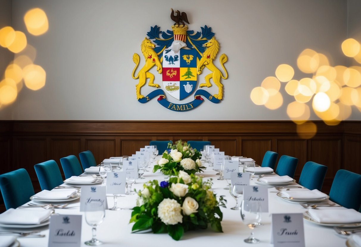 A family crest displayed above a formal dining table, with place cards indicating last names for each seat