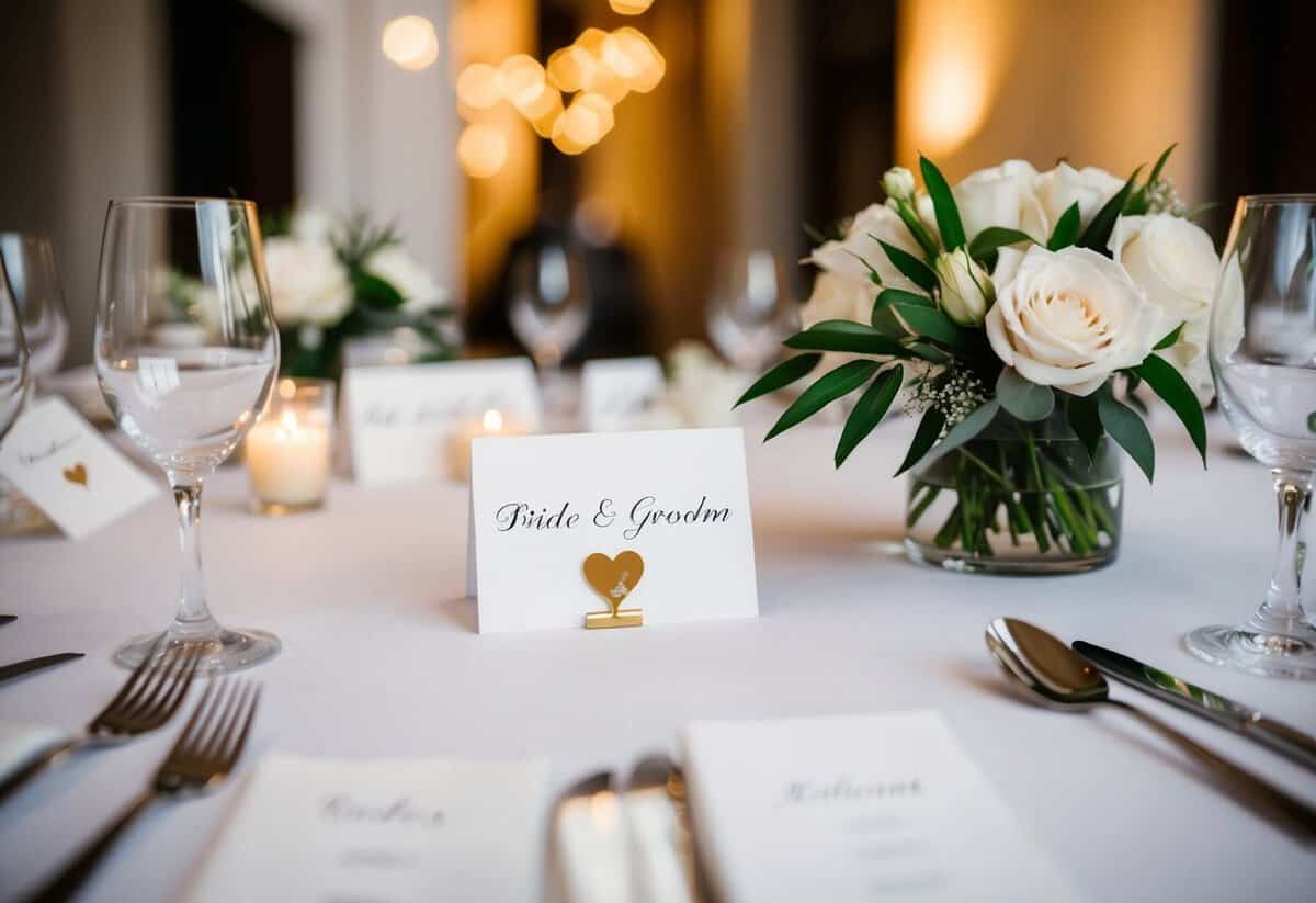 A table with neatly arranged place cards for the bride and groom