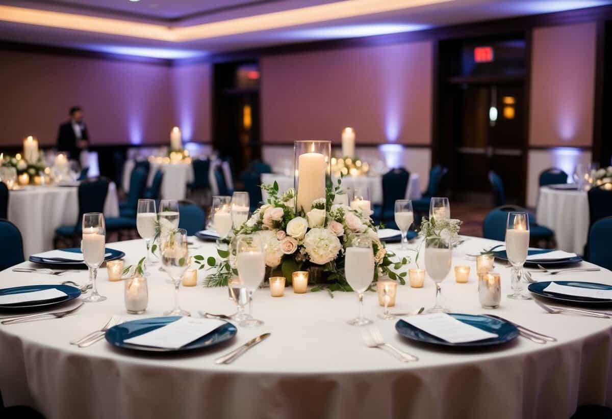 A round table adorned with flowers and candles, set apart from the rest, awaits the bride and groom at the center of the reception hall