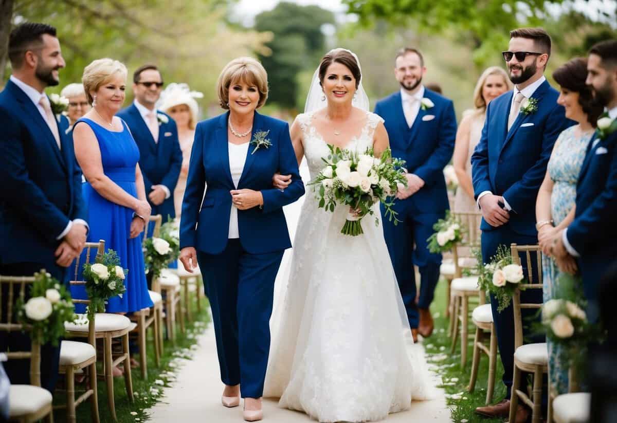 The mother of the bride walks down the aisle with a close family member or friend, preceding the bridal party in the wedding processional