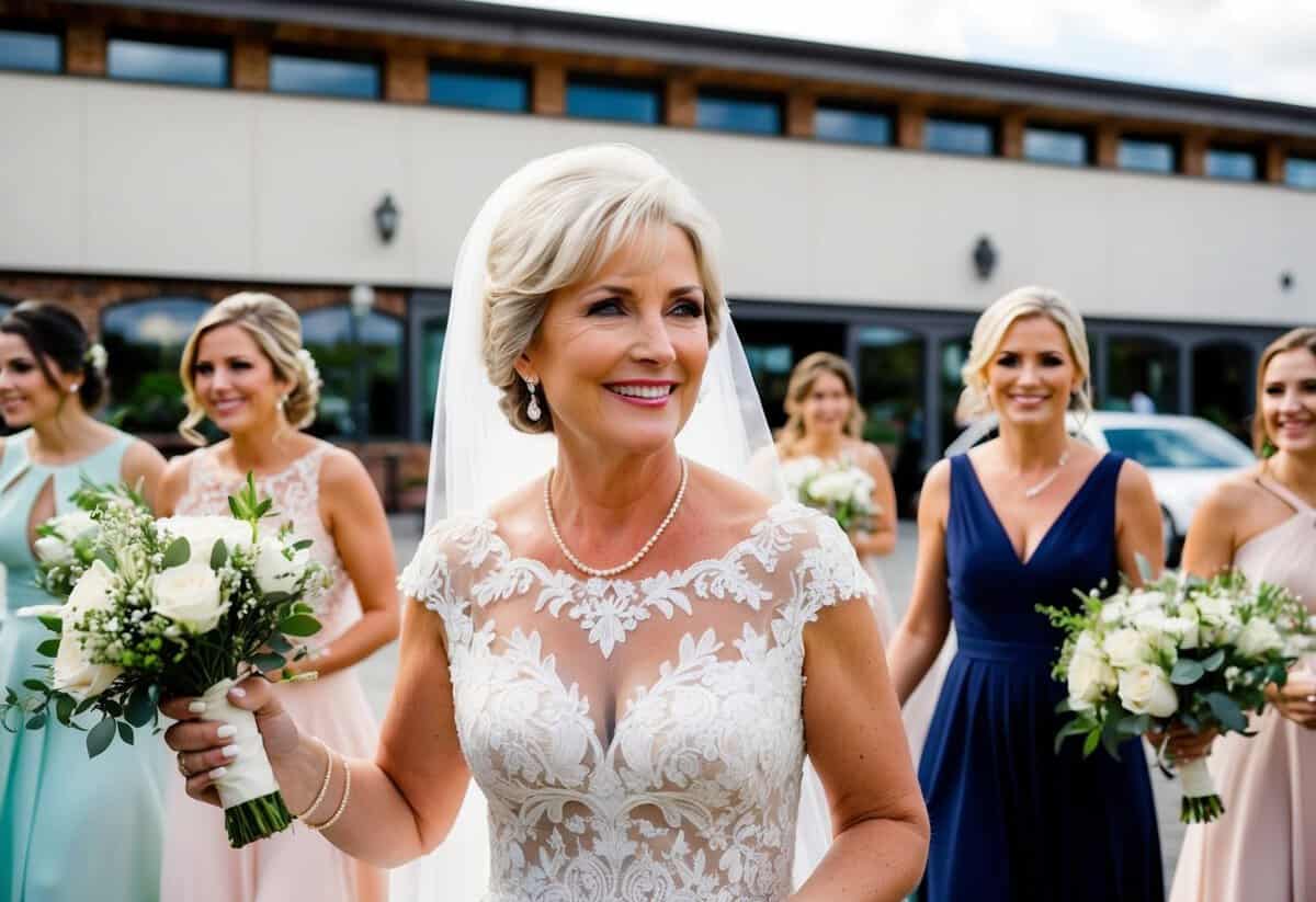 The mother of the bride travels with the bridal party to the venue for pre-ceremony preparations