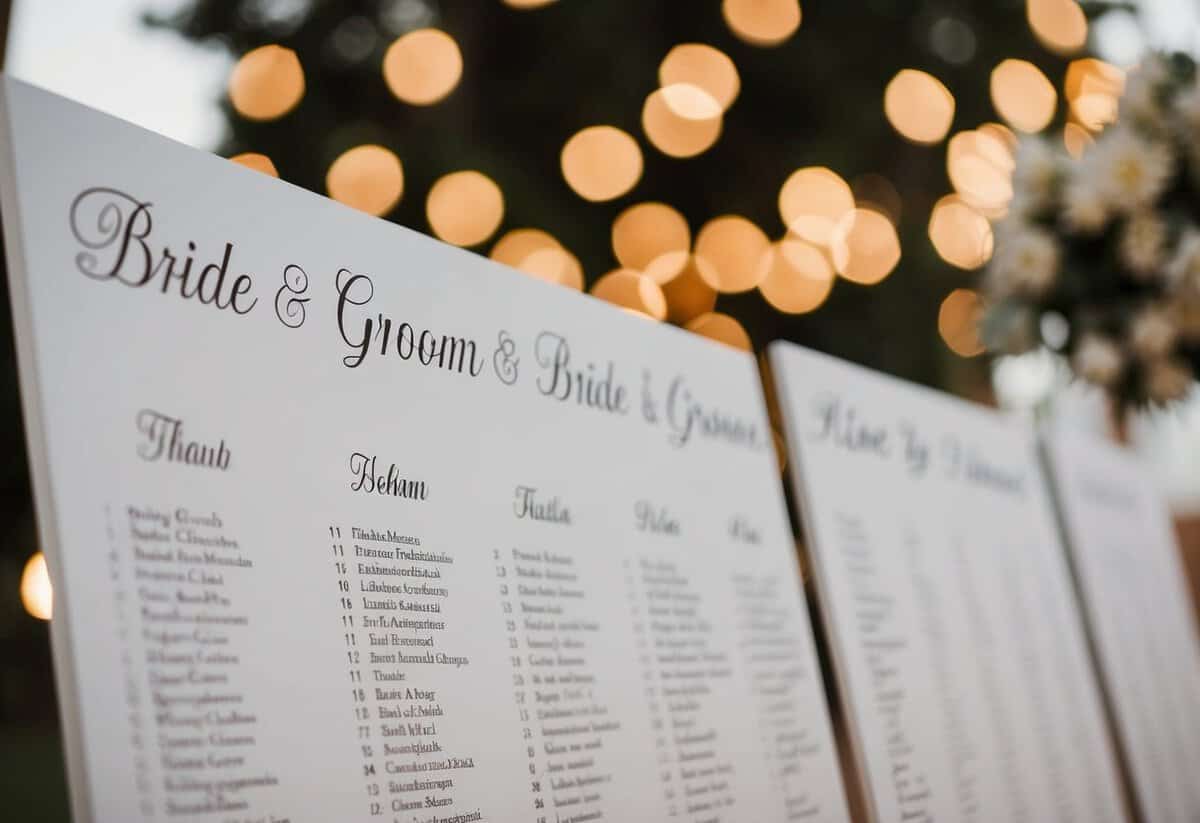 A seating chart with the bride and groom's names highlighted in the center