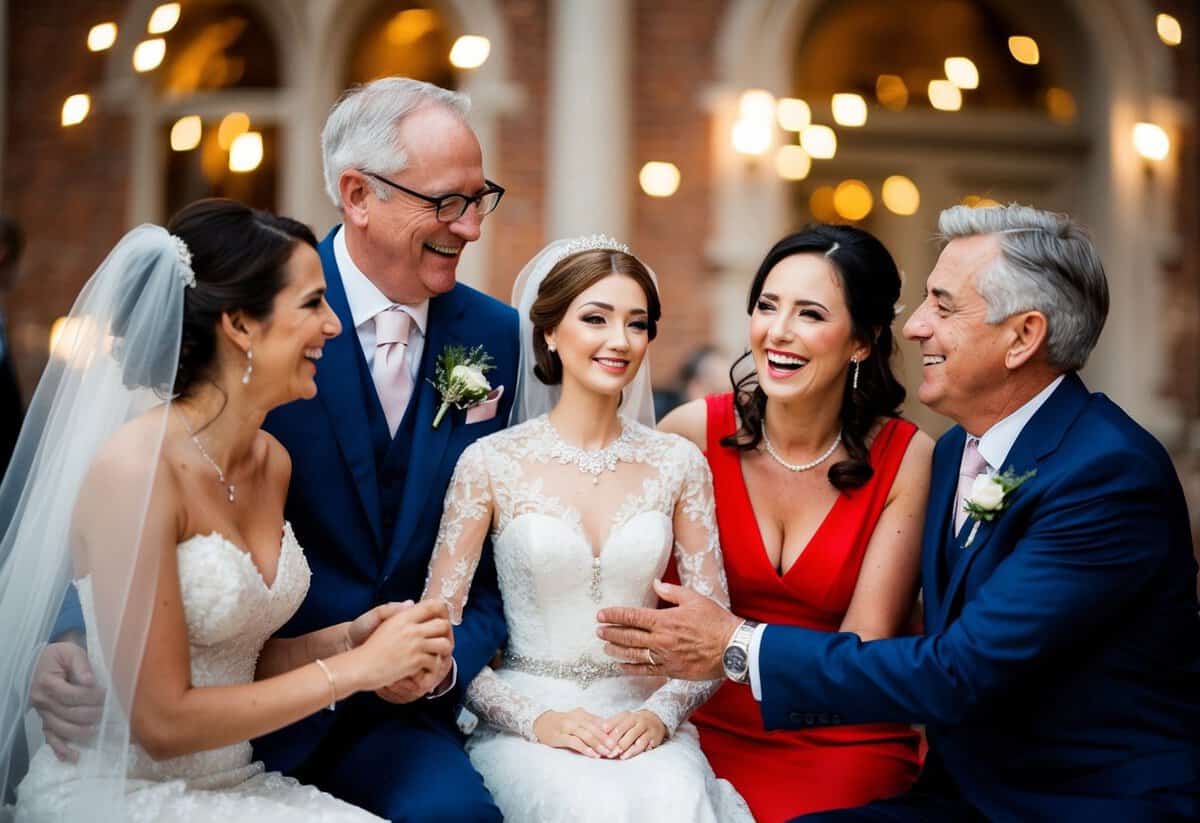 A figure sits between the bride's parents, sharing in their joy and celebration