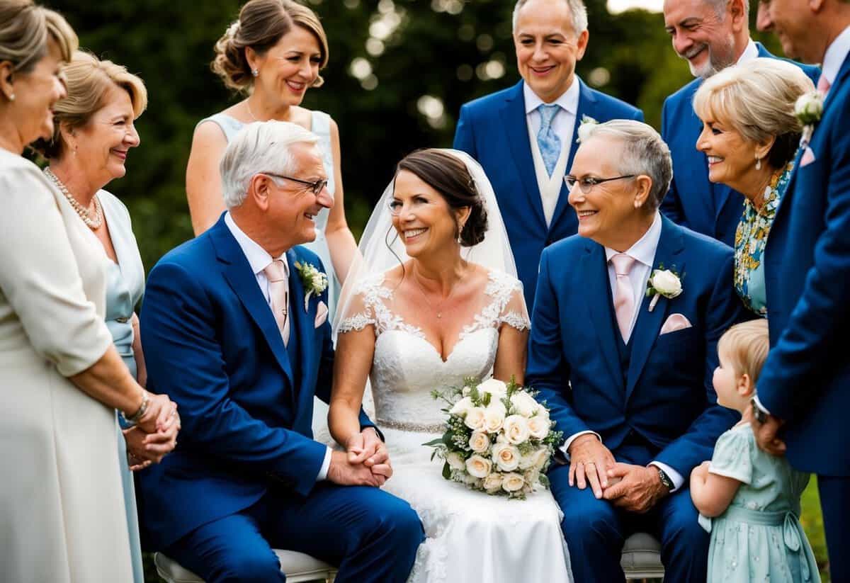 The parents of the bride sit together, surrounded by close family and friends, sharing a moment of love and support