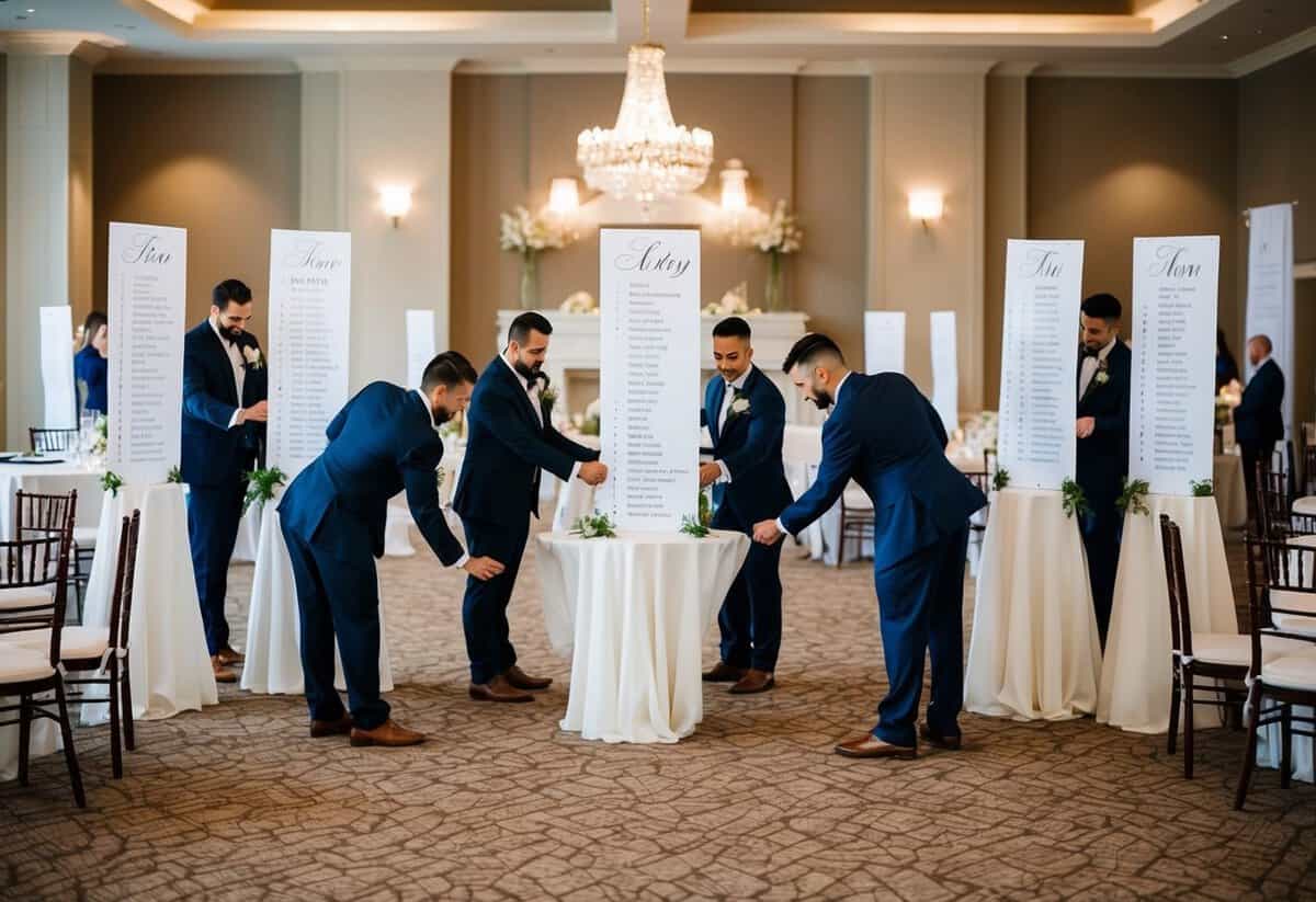 Wedding professionals arranging seating chart with tables and chairs in a reception hall