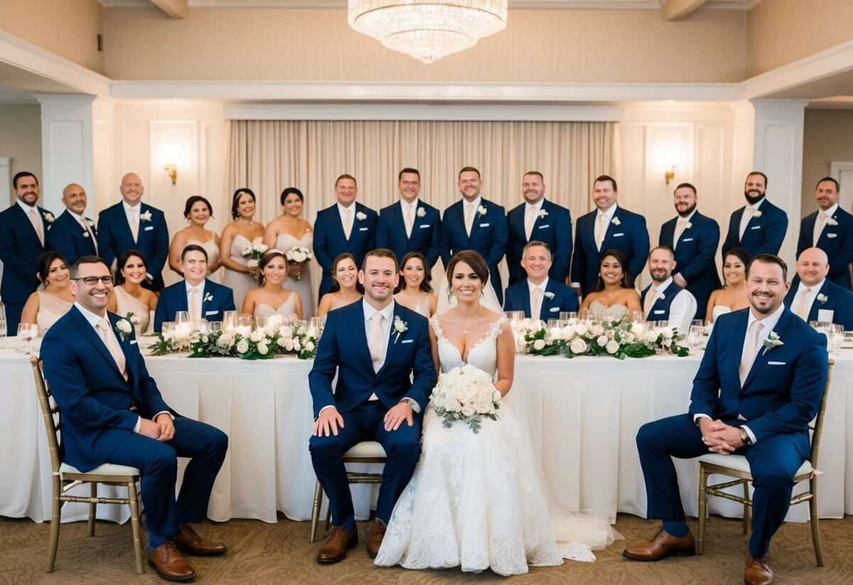 The bride and groom sit at a beautifully decorated head table at the center of the reception hall, surrounded by their wedding party and closest family members