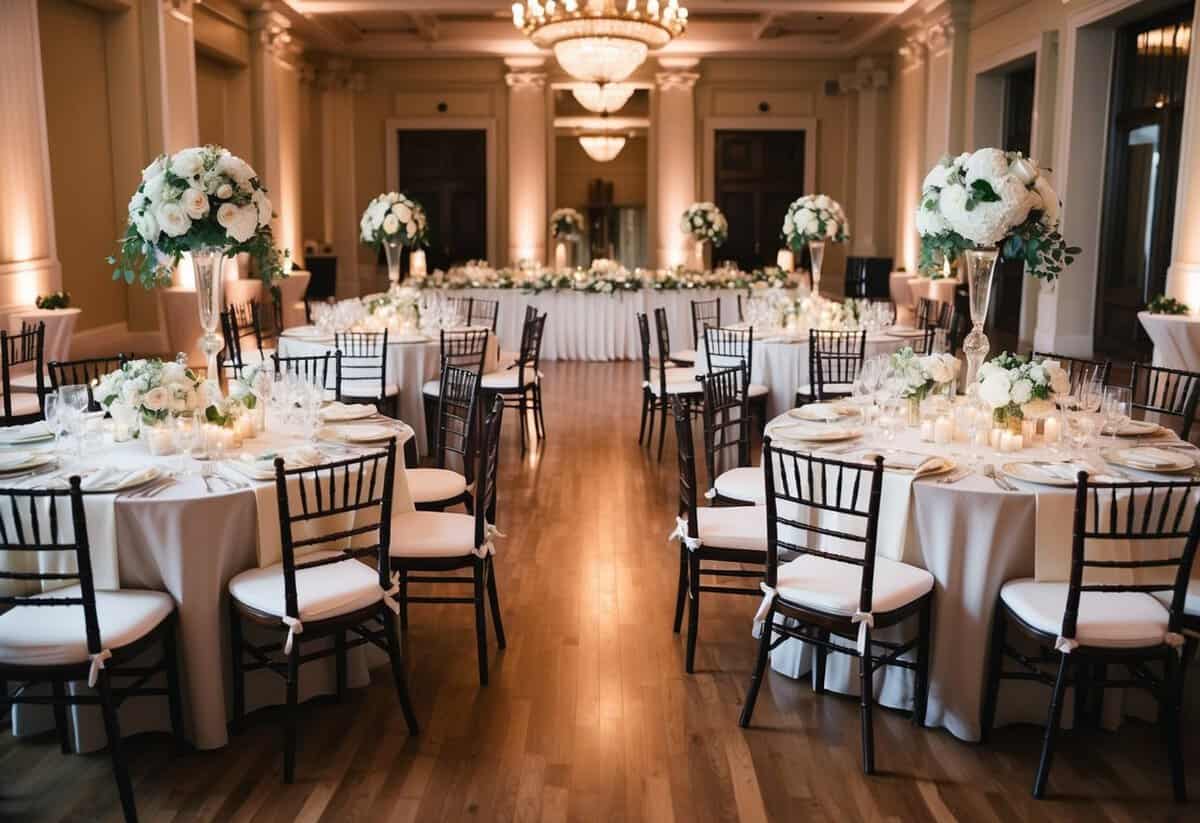 A grand reception hall with ornate tables, adorned with elegant centerpieces. Two distinct tables are set apart for the bride and groom