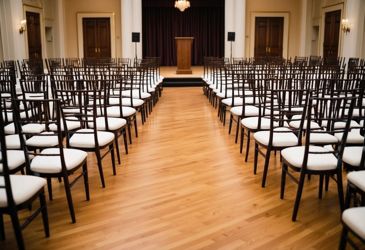 A grand ballroom with rows of elegant chairs arranged in descending order of importance, leading to a stage or podium at the front