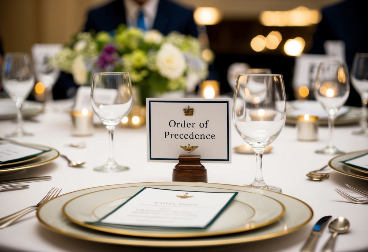 A table set with place cards indicating the order of precedence for military and diplomatic protocol seating
