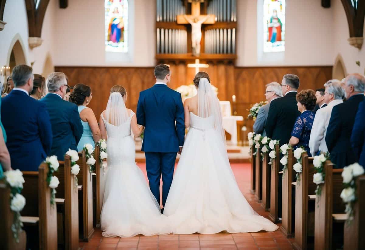 A bride sits on the left side of a church aisle, facing the groom on the right