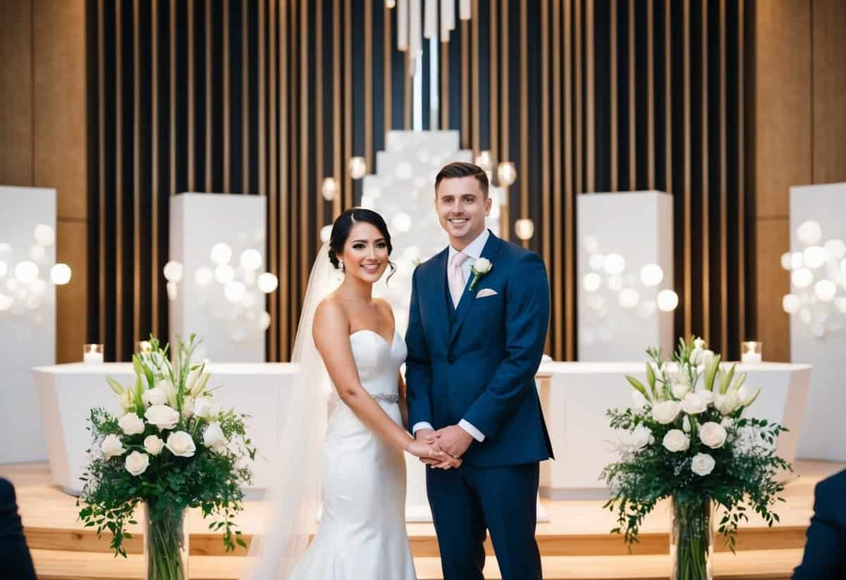 A bride and groom standing at the altar, surrounded by modern decor, with the bride seated on the left side