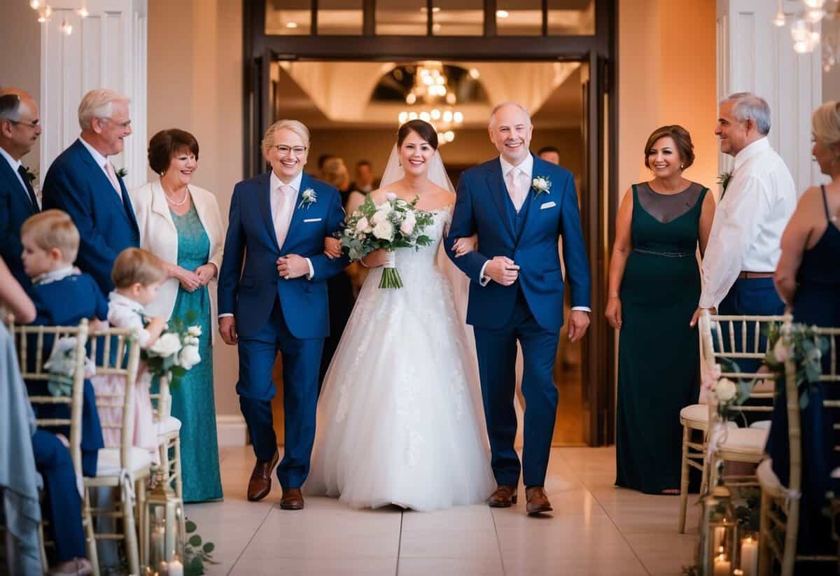 Parents enter wedding reception first, followed by other family members and guests. A welcoming atmosphere with elegant decor and soft lighting