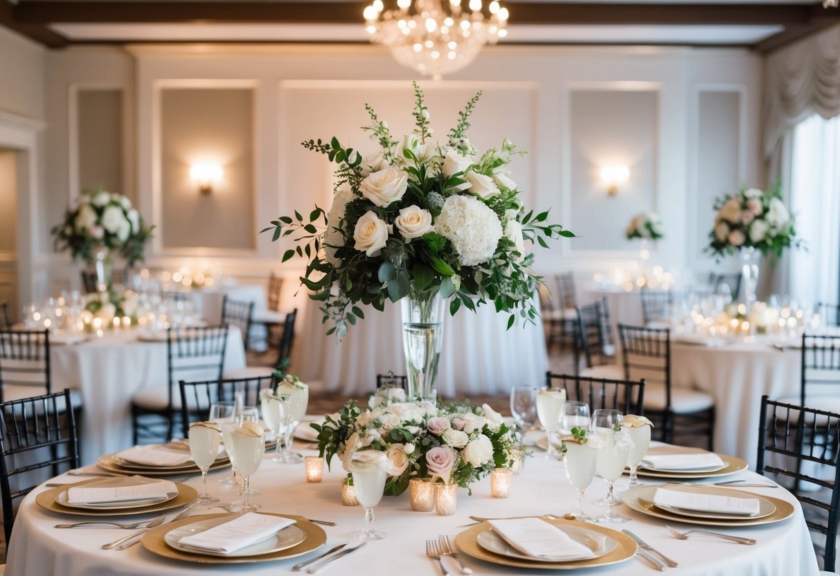 A beautifully decorated top table at a wedding reception, with elegant place settings and floral centerpieces
