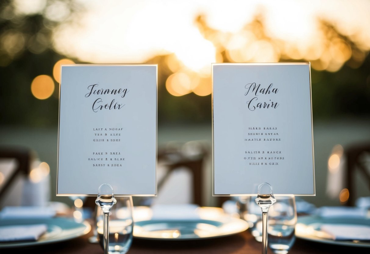 A seating chart with two adjacent place settings labeled with a couple's names