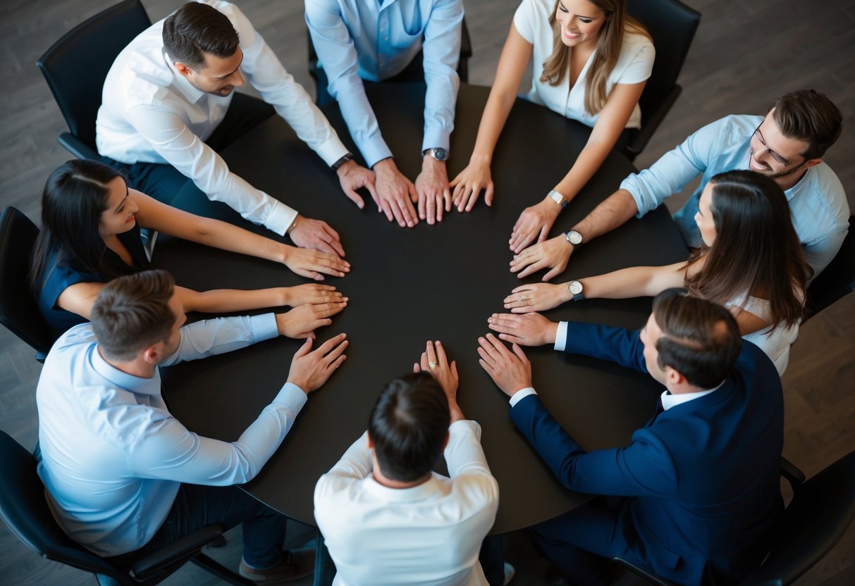 People sit in a circle on top of the table, facing each other