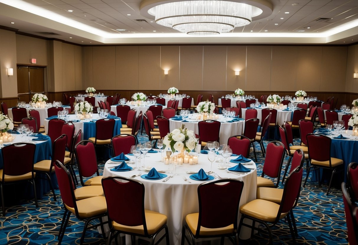 A banquet hall with 10 round tables set for 10 guests each, adorned with elegant centerpieces and matching table linens