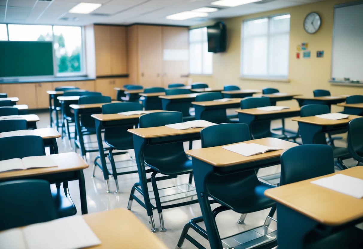 A classroom with rows of desks and chairs arranged in an organized and efficient manner, with clear aisles and space for movement