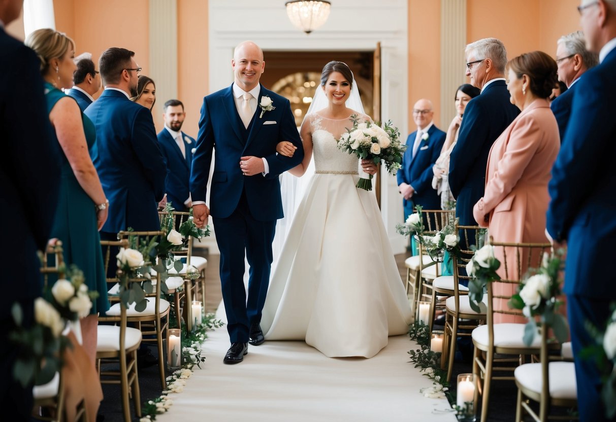 A figure in a formal outfit walks the bride down the aisle, offering support and guidance
