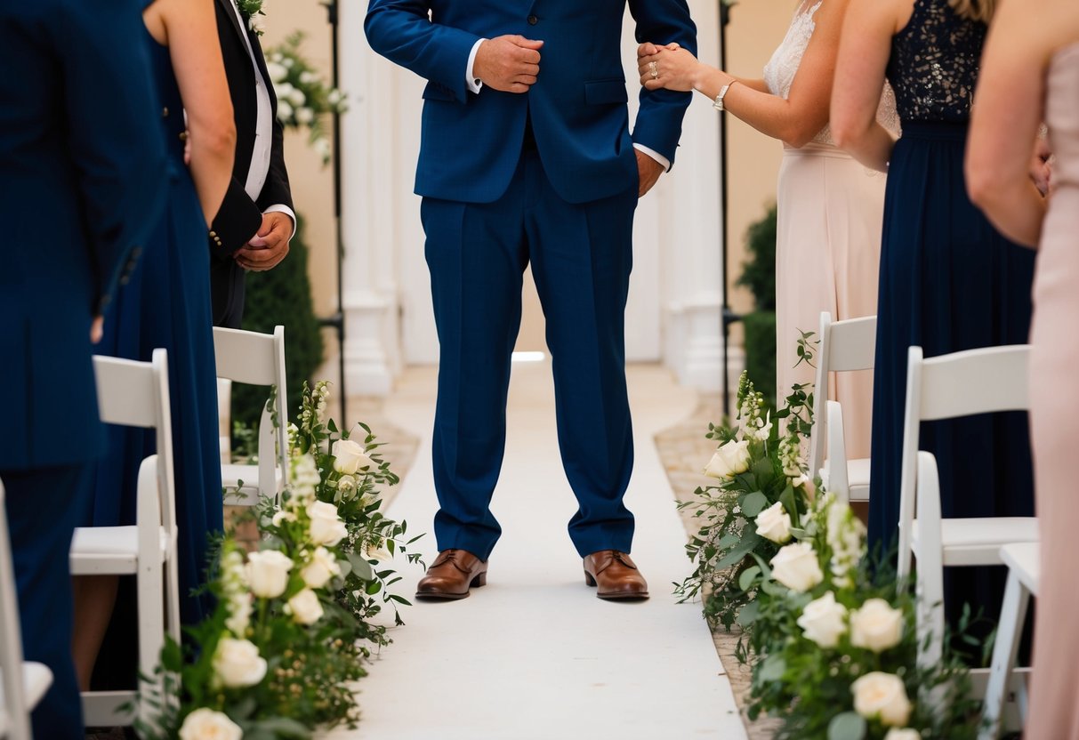 A figure stands at the end of an aisle, waiting to escort the bride. The setting is filled with a sense of love and support