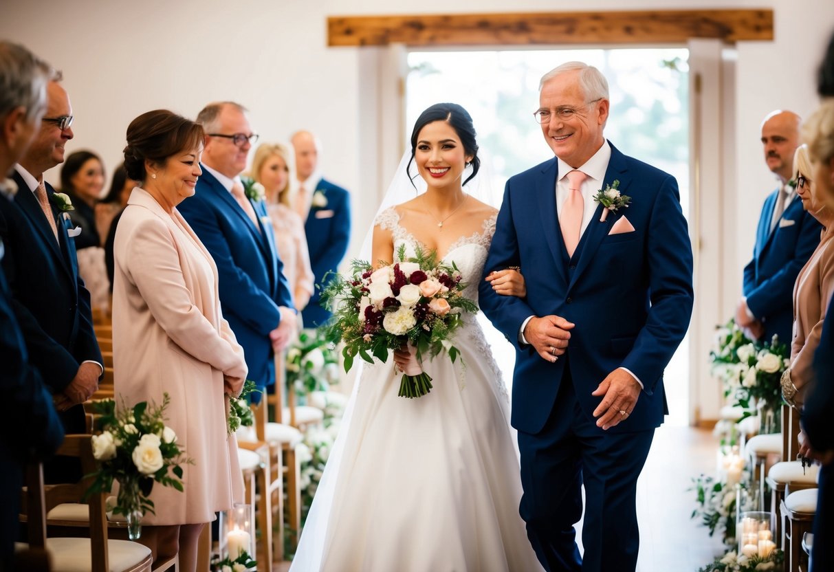 A trusted figure guiding the bride down the aisle, offering support and warmth