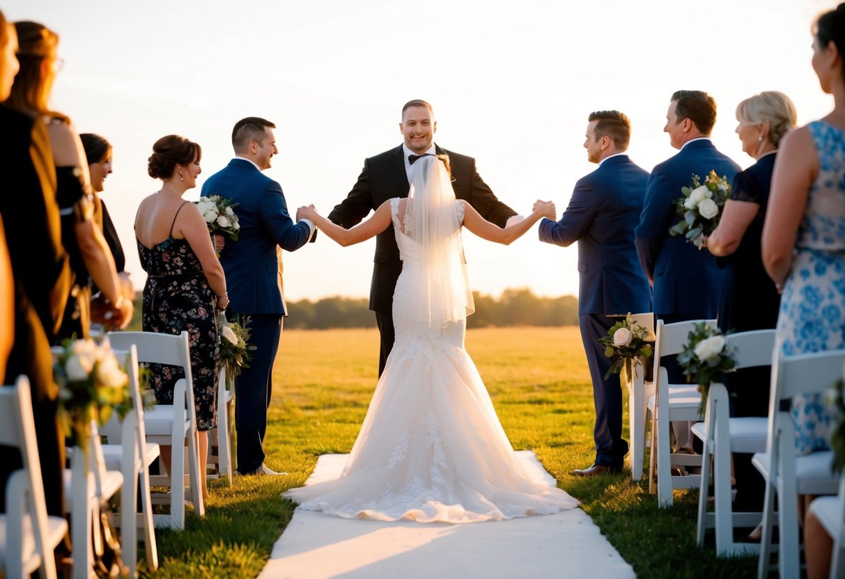 A figure stands at the end of the aisle, welcoming the bride with open arms. The setting sun casts a warm glow over the scene