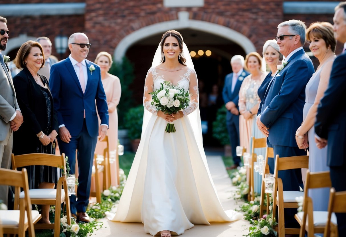 A woman in a long white gown walks down the aisle, surrounded by supportive family and friends