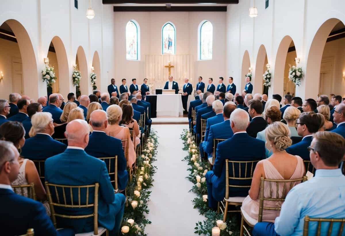 Guests seated in rows facing altar. Front row closest to altar, followed by subsequent rows in order of seating arrangement
