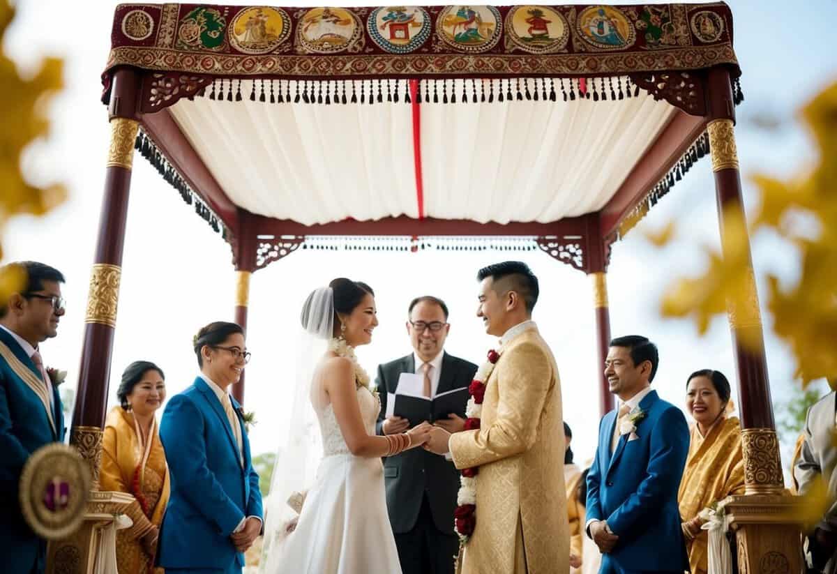 A bride and groom exchange vows under a traditional wedding canopy, surrounded by symbols of their cultural and religious influences
