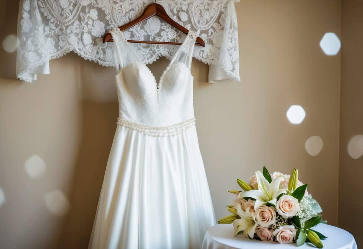 A white wedding dress hangs on a wooden hanger, surrounded by delicate lace and pearl details. A bouquet of roses and lilies sits on a nearby table, symbolizing love and purity