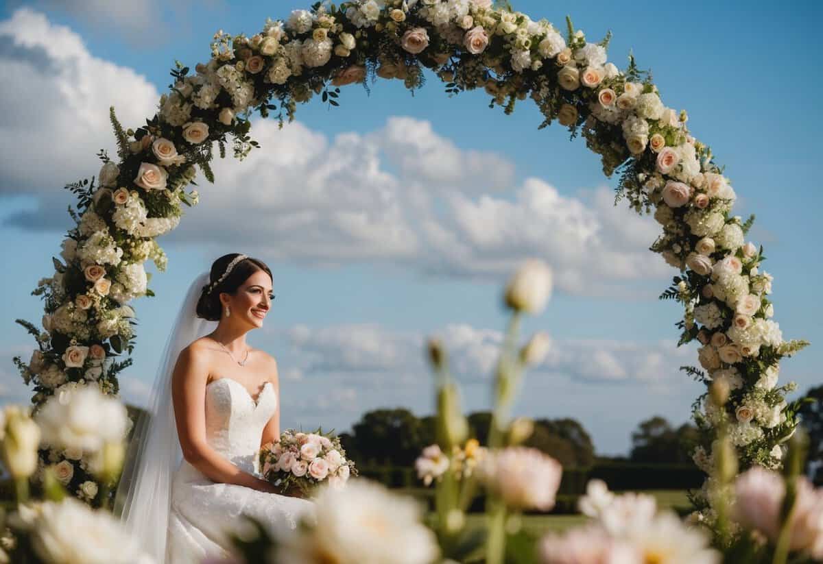 A bride sits on the left, surrounded by flowers and a decorative archway