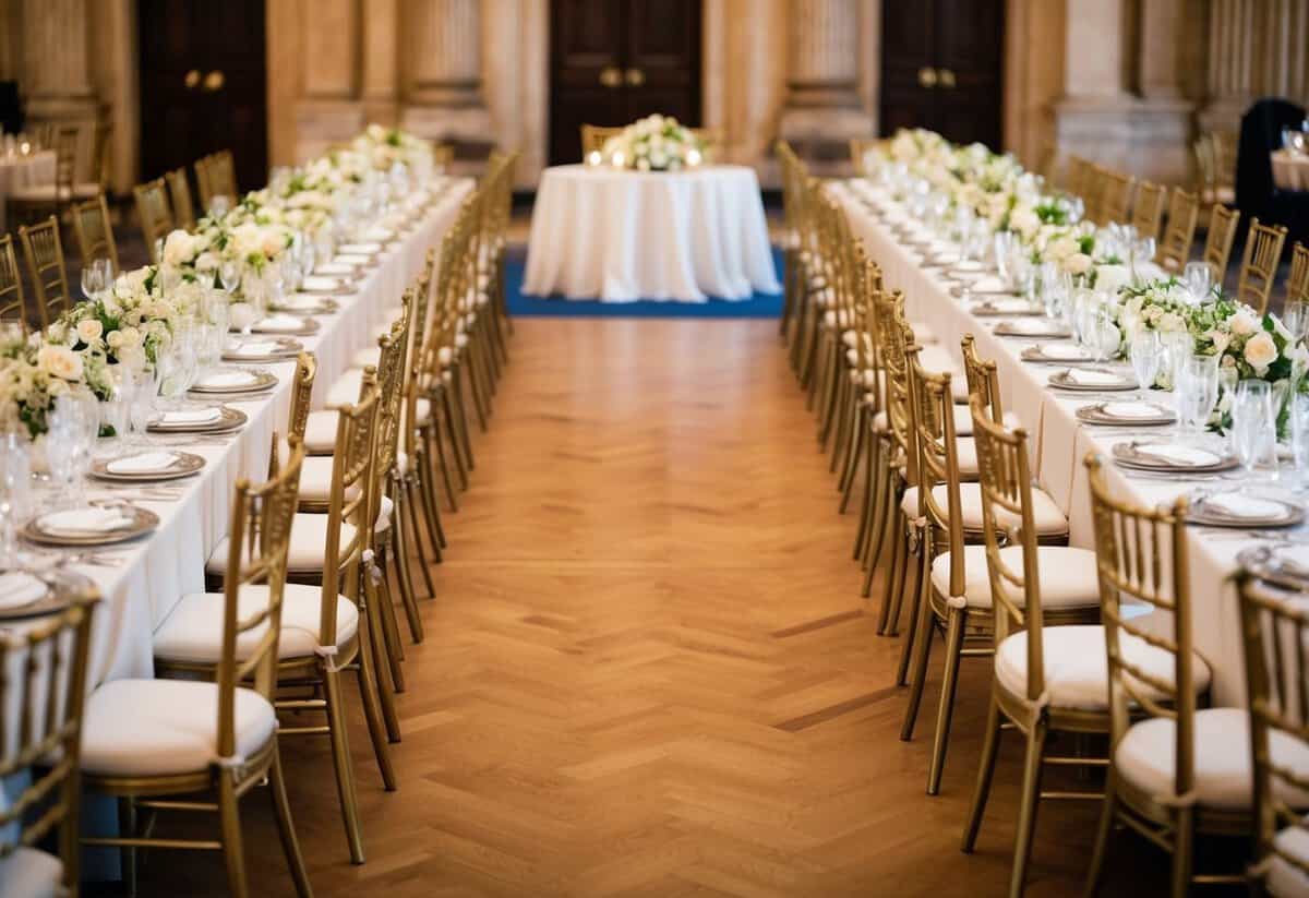 A grand banquet hall with ornate chairs arranged in a symmetrical pattern. A bridal table is placed at the center, flanked by equally elaborate tables on either side
