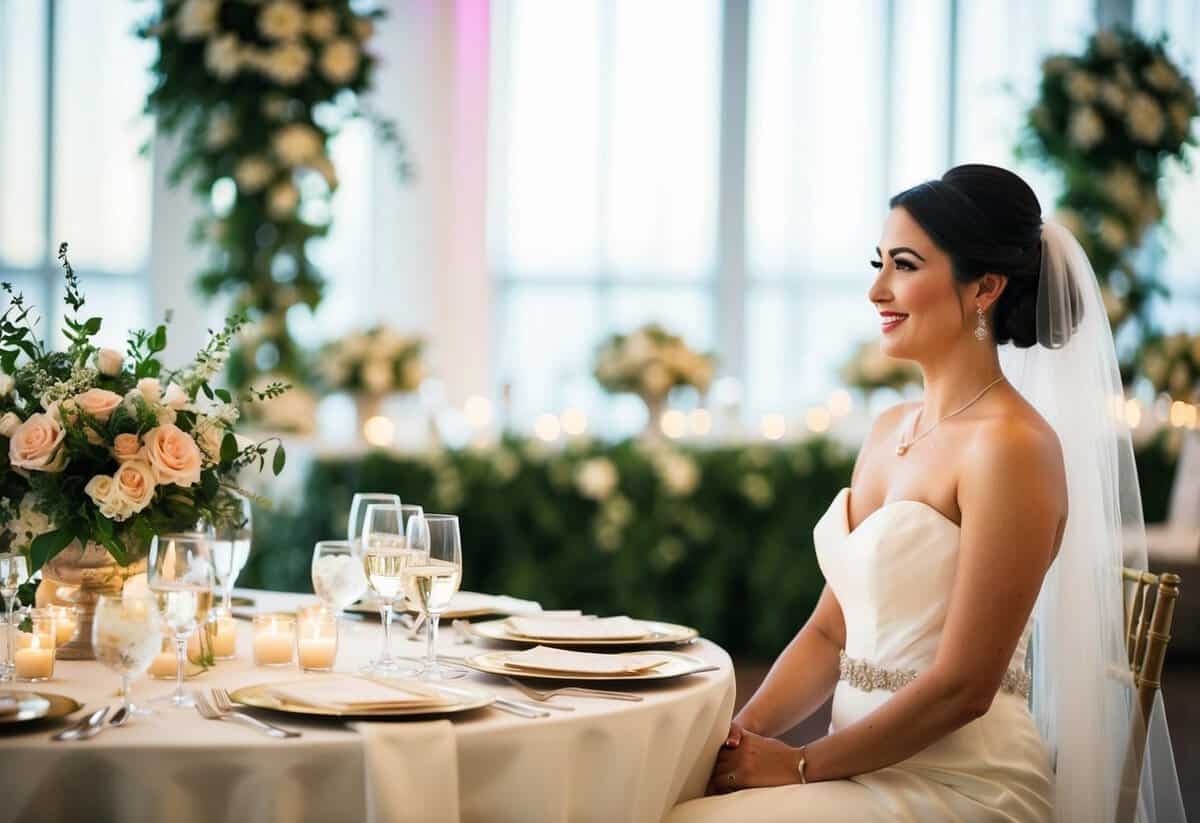 A bride sits on the right side of the reception table, with floral centerpieces and place settings arranged neatly on the table
