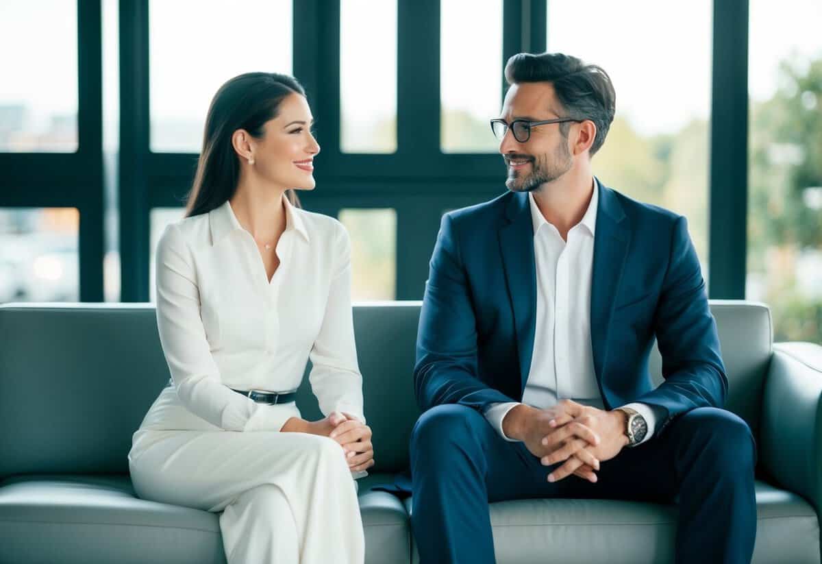 A husband and wife sit together on a sleek, modern sofa, with the wife on the left side of her husband, both facing forward