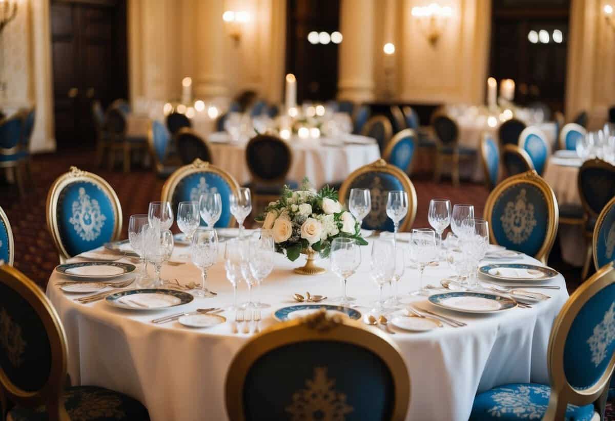 A grand banquet table with ornate chairs, set with fine china and crystal glasses, traditionally reserved for honored guests and dignitaries