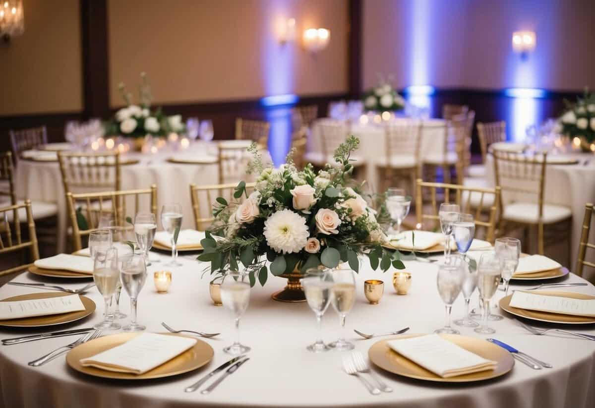 A decorated top table set for a wedding reception, featuring elegant place settings and floral centerpieces