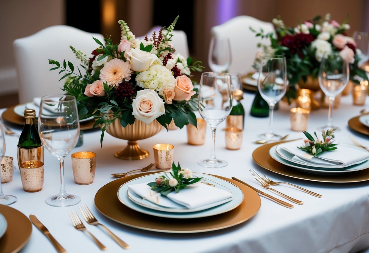A beautifully decorated table with elegant place settings and floral centerpieces