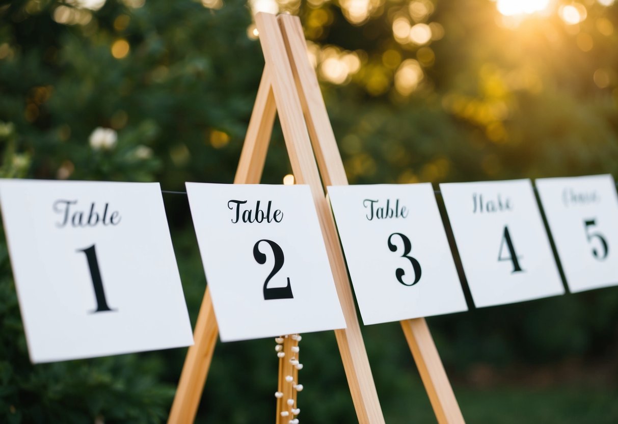 A seating chart with table numbers and names of guests