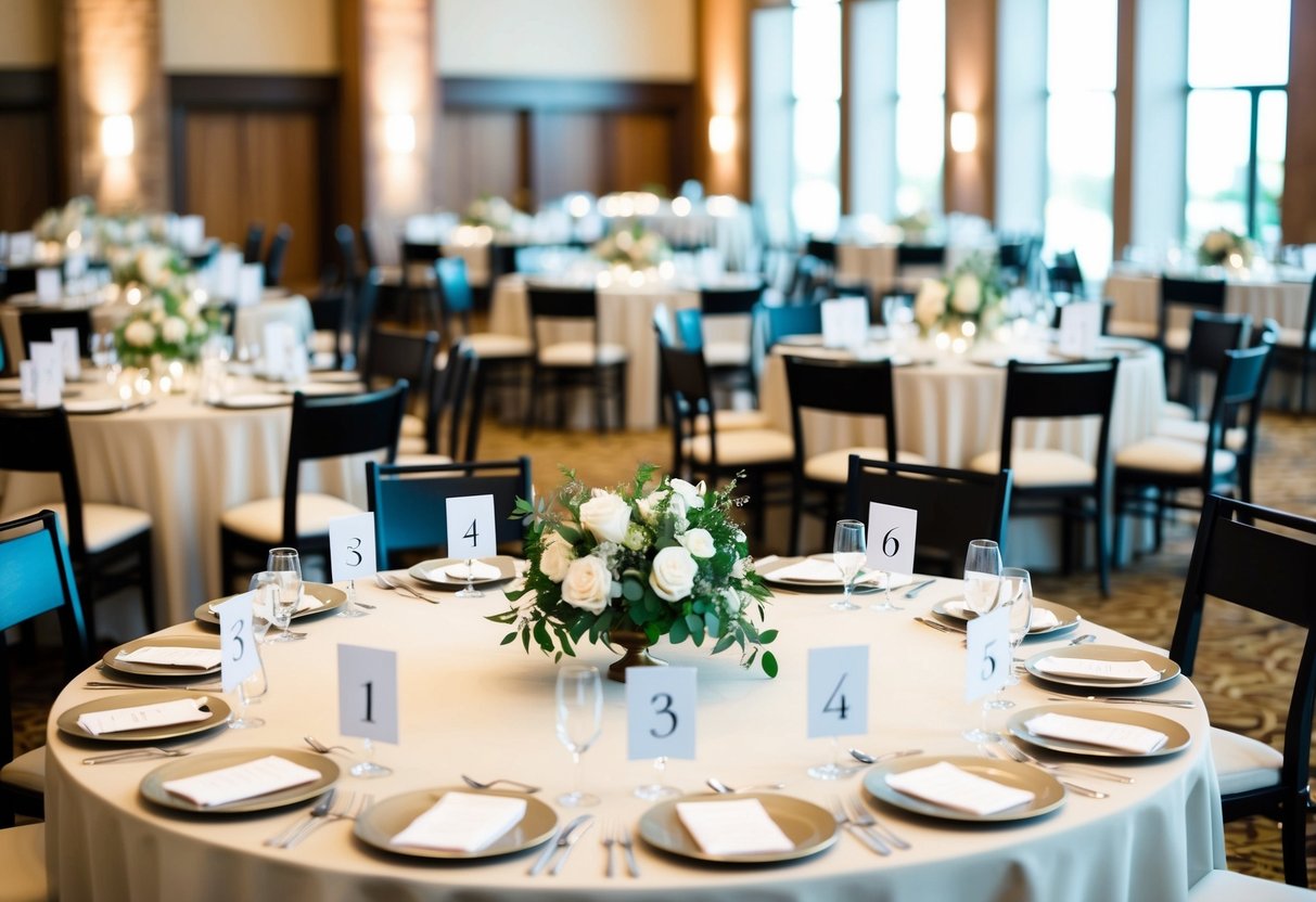 Guest tables arranged in a spacious reception hall, with elegant table settings and numbered cards indicating seating arrangements