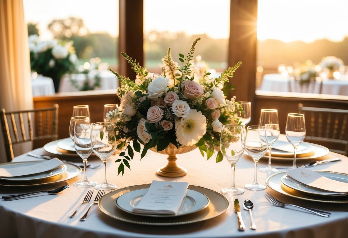 A beautifully set table with elegant place settings and floral centerpieces, bathed in warm, inviting light