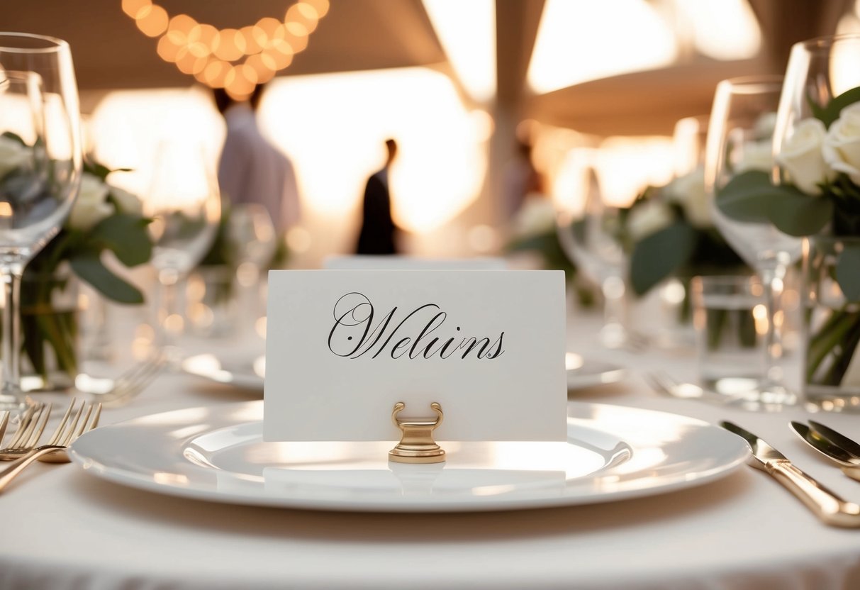 Guests' names on elegant place cards at a beautifully set wedding reception table