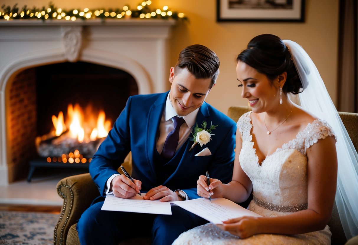 The bride and groom sit by a cozy fire, writing heartfelt letters to each other before their wedding day